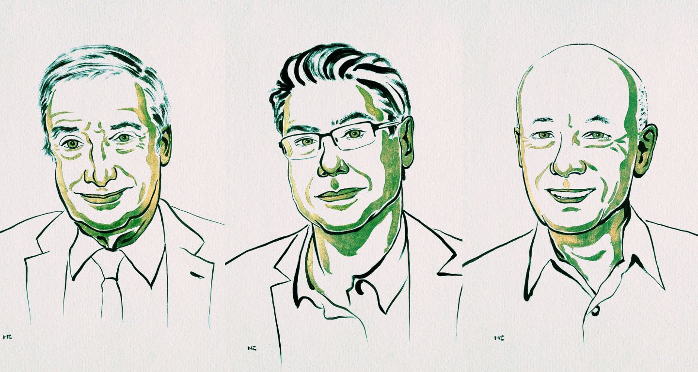 Joel Mokyr, Philippe Aghion y Peter Howitt son los galardonados de 2025. [Imágenes: Nobel Prize]