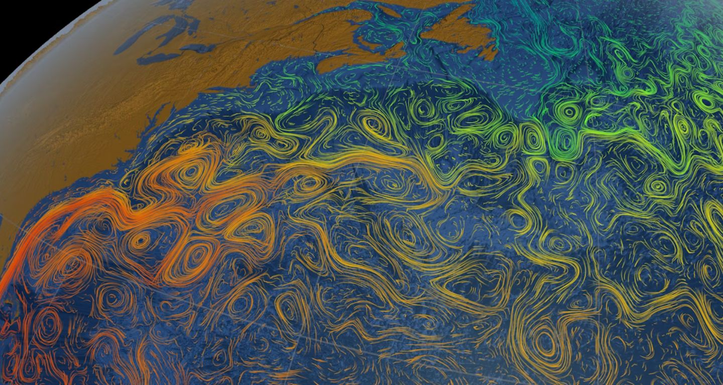 [Foto: Visualización de las corrientes oceánicas en el Atlántico confeccionada por la NASA]