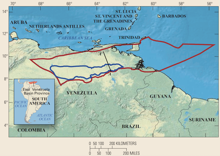 Mapa que muestra la faja petrolífera del Orinoco (en azul) y la cuenca oriental de Venezuela (en rojo)
