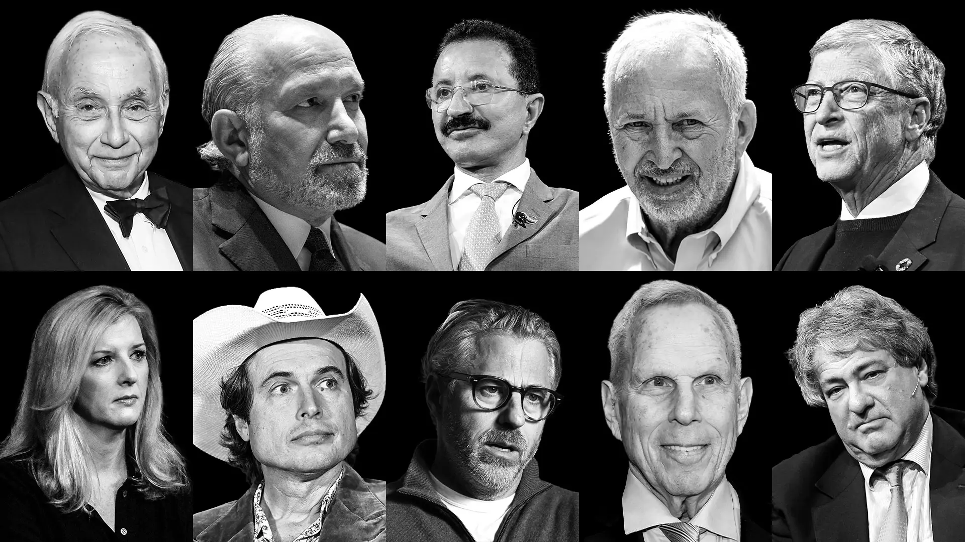 Fila superior, de izquierda a derecha: Les Wexner, Howard Lutnick, Sultan Ahmed bin Sulayem, Larry Summers, Bill Gates. Fila inferior, de izquierda a derecha: Kathryn Ruemmler, Kimbal Musk, Casey Wasserman, Steve Tisch, Leon Black. [Fotos: Getty Images]