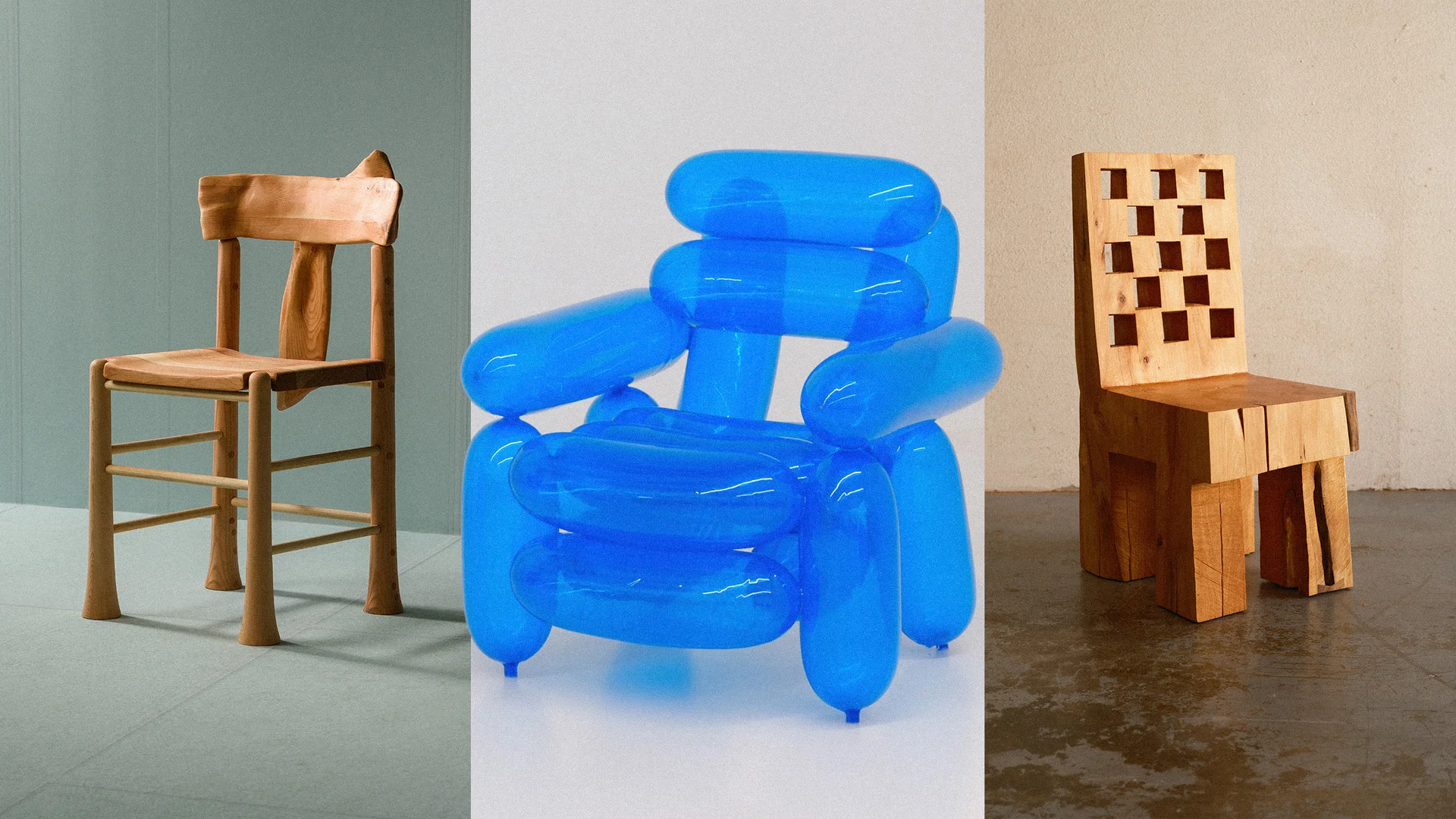 De izquierda a derecha: Silla de comedor Trumpet de Sam Klemick, sillón Lounge Chair 01-Transparent Blue de SeungJin Yan, Vince Skelly [Foto: Basic.Space/Christie’s Beverly Hills]

