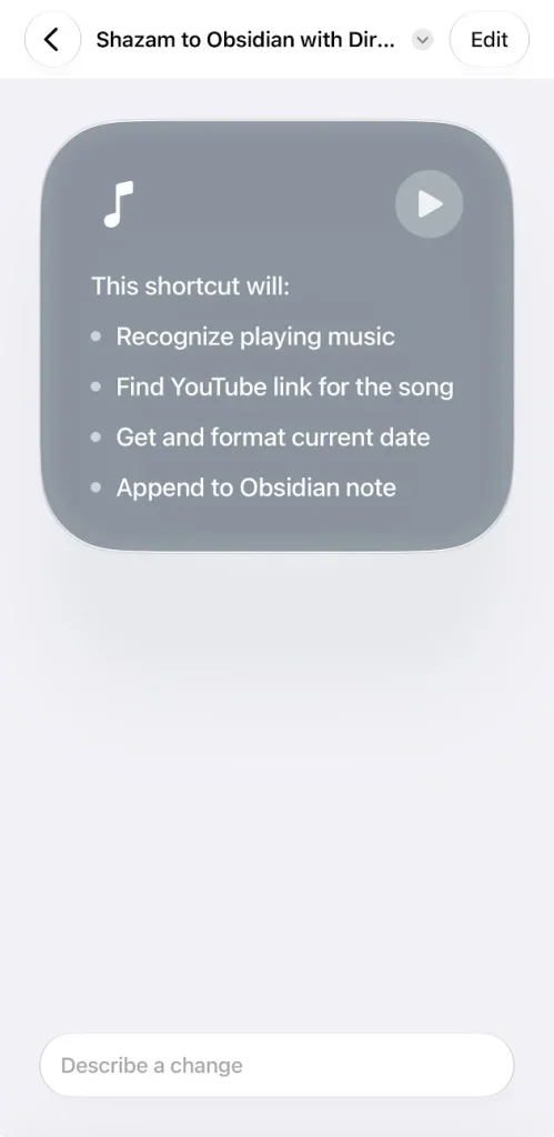Atajo de iPhone que reconoce música, busca un enlace de YouTube y guarda la canción en Obsidian